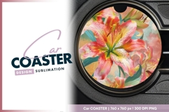 Floral Lily Illustration in a Round Car Coaster Png Design Product Image 1