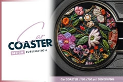 Embroidered Floral Design on Dark Fabric Round Car Coaster Product Image 1