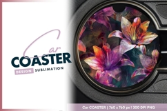 Colorful Lily Flowers Illustration on Round Car Coaster Png Product Image 1