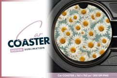 Daisies on Teal Background Round Car Coaster Design Product Image 1