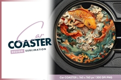 Orange Koi Fish Swimming in Stylized Waves Round Car Coaster Product Image 1