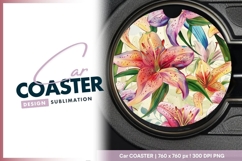 Watercolor Lily Flowers in a Circle Round Car Coaster Product Image 1