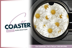 White Daisies with Yellow Centers Round Car Coaster Product Image 1