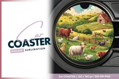 Farm Animals Barn and Rolling Hills Round Car Coaster Png Product Image 1