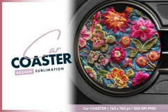 Colorful Embroidered Floral Design on Round Car Coaster Png Product Image 1