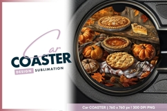 Autumn Pies and Pumpkins on Wooden Round Car Coaster Png Product Image 1