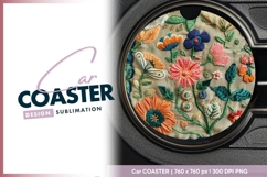 Embroidered Floral Design with Round Car Coaster Png Product Image 1