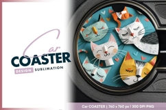 Paper Cut Cats with Closed Eyes and Round Car Coaster Png Product Image 1