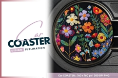 Colorful Embroidered Flowers on Black Round Car Coaster Png Product Image 1