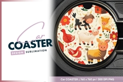 Cartoon Farm Animals Flowers and Bird Round Car Coaster Product Image 1