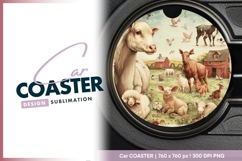Farm Animals Cow Sheep Pig Goat Round Car Coaster Png Product Image 1