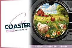 Farm Scene Illustration with Barn Cows Round Car Coaster Png Product Image 1