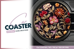 Embroidered Floral Design on Black Fabric Round Car Coaster Product Image 1