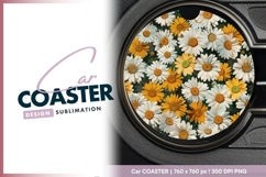White and Yellow Daisies on Round Car Coaster Design Product Image 1