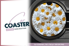 White Daisies with Yellow Centers Round Car Coaster Design Product Image 1
