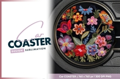 Embroidered Floral Design on Black Fabric Round Car Coaster Product Image 1