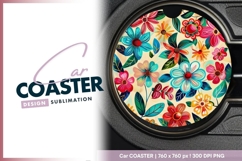 Colorful floral design on a round Car Coaster Png Product Image 1