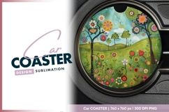 Whimsical Floral Landscape Illustration Round Car Coaster Product Image 1