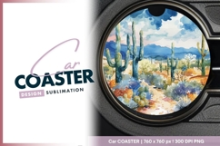 Watercolor Desert Landscape with Round Car Coaster Design Product Image 1