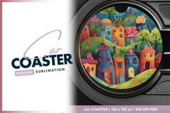 Colorful whimsical village illustration Round Car Coaster Product Image 1