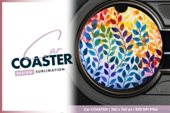 Watercolor Leaves in Rainbow Colors on Round Car Coaster Png Product Image 1