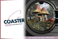 Whimsical Mushroom House Illustration Round Car Coaster Png Product Image 1