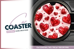 Red Hearts Pattern on Pink Background Round Car Coaster Product Image 1
