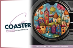 Whimsical Colorful Village Illustration Round Car Coaster Product Image 1