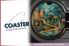Whimsical Fantasy Landscape Illustration Round Car Coaster Product Image 1