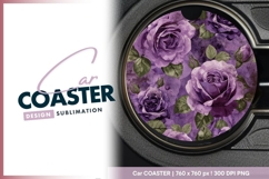 Purple Roses and Green Leaves Round Car Coaster Png Product Image 1