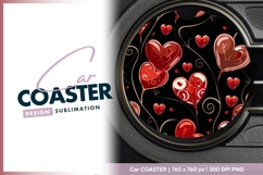 Red Heart Balloons and Swirls on Black Round Car Coaster Png Product Image 1