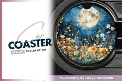Watercolor Moonlit Meadow with Flowers Round Car Coaster Png Product Image 1