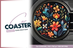 Floral Pattern in a Circle with Flowers Round Car Coaster Product Image 1