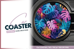 Colorful Tropical Leaves Arrangement Round Car Coaster Product Image 1
