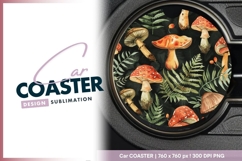Watercolor Mushrooms and Ferns Pattern on Round Car Coaster Product Image 1