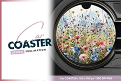 Watercolor floral field illustration in a Round Car Coaster Product Image 1