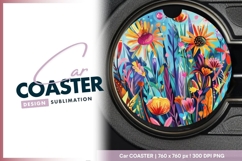 Colorful Floral Illustration in a Round Car Coaster Product Image 1