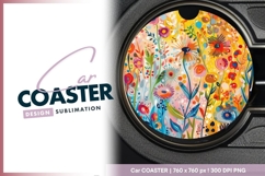 Colorful Floral Illustration in a Round Car Coaster Png Product Image 1