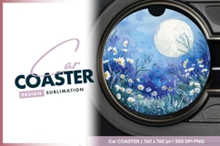 Watercolor Moonlit Scene with White Round Car Coaster Png Product Image 1