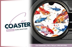 Watercolor Koi Fish Illustration in a Round Car Coaster Png Product Image 1