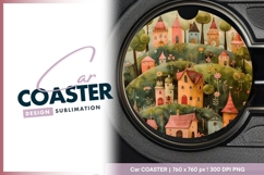 Whimsical Village Scene with Colorful Round Car Coaster Png Product Image 1