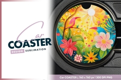 Watercolor Leafy Branches in Rainbow Round Car Coaster Png Product Image 1