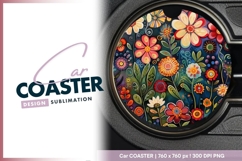 Colorful Floral Illustration in a Round Car Coaster Png Product Image 1