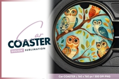 Colorful Owl Illustration on Tree Branches Round Car Coaster Product Image 1