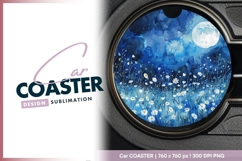 Watercolor Night Scene with Moon and Round Car Coaster Png Product Image 1