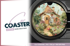 Watercolor illustration of a whimsical Round Car Coaster Png Product Image 1
