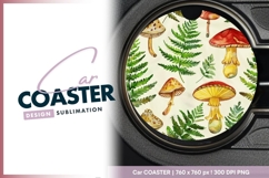 Watercolor Mushroom and Fern Pattern on Round Car Coaster Product Image 1