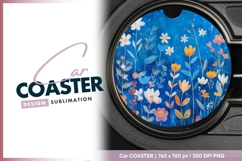 Floral Painting on Blue Background Round Car Coaster Png Product Image 1