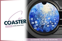 Watercolor painting of white flowers in Round Car Coaster Product Image 1