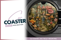Whimsical Castle Illustration with Flowers Round Car Coaster Product Image 1